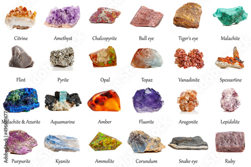 Macro mineral stone Fluorite, Amethyst, Pyrite, Malachite, Bull eye, Tiger's eye, Flint, Chalcopyrite, Opal, Topaz, Vanadinite, Spessartine, Malachite & Azurite