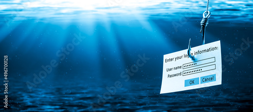 Login Information Attached To Large Hook Under Water With Sunlight - Phishing Concept