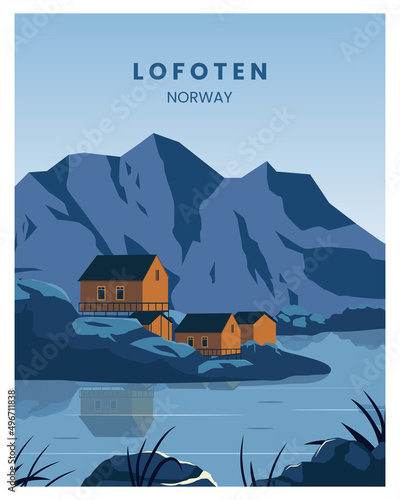 lofoten Norway landscape background.Bay view with buildings vector illustration. suitable for poster, postcard, art print.