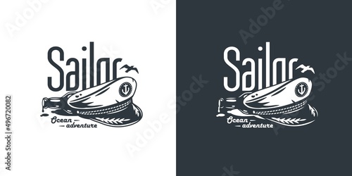 Ocean explorer sailor logo. Marine skipper cap or captain hat. Nautical wanderlust and adventure illustration