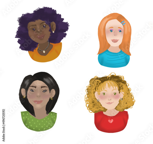 Paquete de recursos gráficos para ilustración, 4 mujeres ,con diseños distintos, felices, en formato JPG, 3240*3060. 