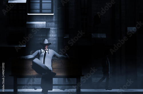 3d render illustration of noir style detective or gangster male in suit and hat sitting on bench on night street pavement background.