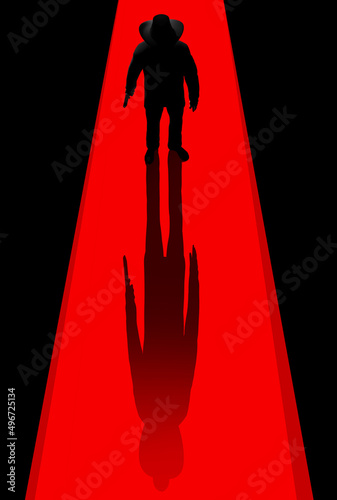 3d render illustration of noir style detective or gangster male in suit and hat silhouette standing on red light beam background.