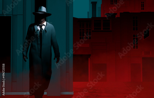 3d render illustration of noir style detective or gangster male in suit and hat standing on neon street night background.