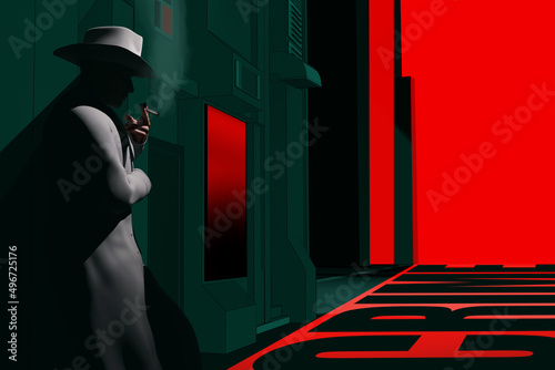 3d render illustration of noir style detective or gangster male in suit and hat standing smoking on neon red and blue colored street night background.