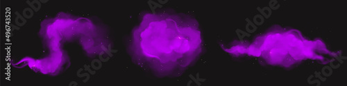 Purple magic dust clouds with sparkles and glitter, curve and round powder smoke. Holi paints of violet color, dye splashes or mystic haze on black background, Realistic design 3d vector illustration