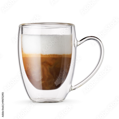 A mug of espresso macchiato coffee isolated on white.