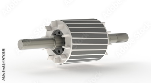 Assembly rotor used for asynchronous electric motor, squirrel cage and shaft, 3D rendering isolated on white background