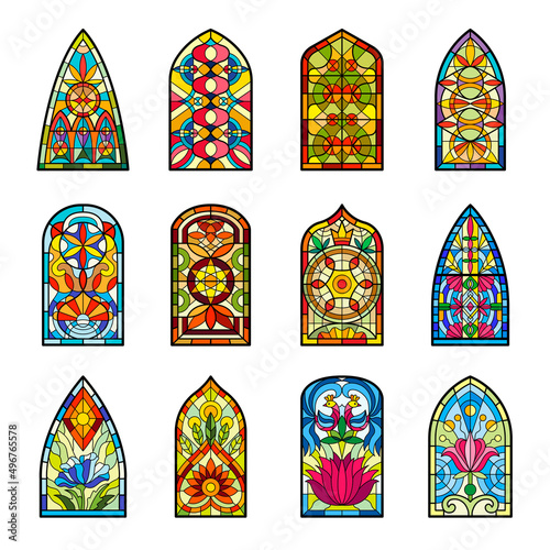 Stained glass. Decorative colored windows from vintage church buildings medieval templates of stained glasses with geometrical forms recent vector pictures set