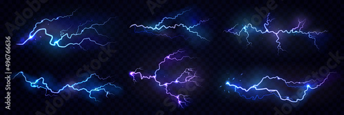 Realistic thunderstorm electric lightning effect with glowing and shining. Vector illustration, isolated thunderbolt flare on black background. Neon burst or dazzle at sky, weather condition