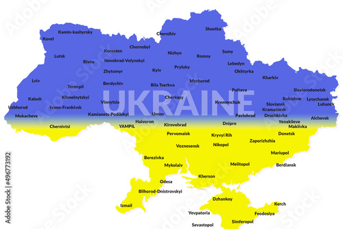 The map of Ukraine in national colors with names of the cities against white background,