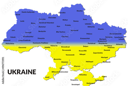 The map of Ukraine in national colors blue and yellow with names of the cities on the white background