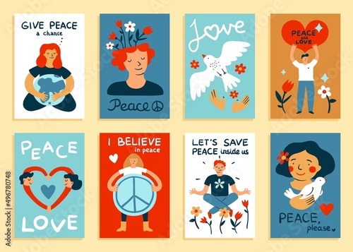 Peace cards. Cartoon people with love and hippie symbols. Peaceful men or women in balance. Flying bird, flowers and hearts. International pacifism holiday posters. Vector postcards set