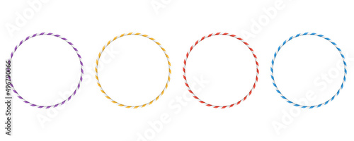 Colored set with gymnastic bangles hoops. Sport circle striped hula Hoops for gymnastics. Fitness equipment.