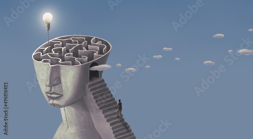 Concept idea of brain maze inspiration success thinking and creativity. surreal art. conceptual 3d illustration. Light bulb in labyrinth.