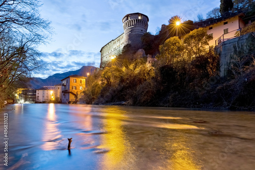 The castle of Rovereto and the Leno stream. Rovereto, Trento province, Trentino Alto-Adige, Italy, Europe.