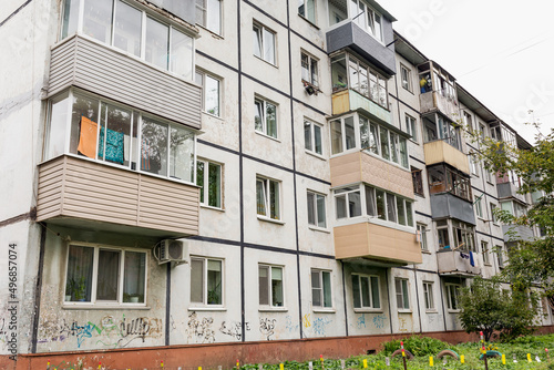 View of Khrushchyovka, common type of old low-cost apartment building in Russia and post-Soviet space. Kind of prefabricated buildings. Built in 1960s. Russia, Vladivostok.