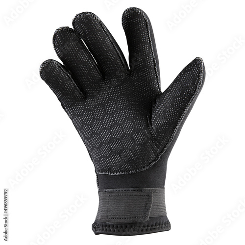 black neoprene diving glove, wetsuit, on a white background