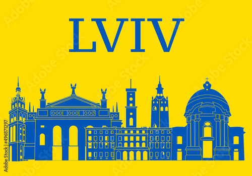 Lviv city skyline, Ukraine. The most famous buildings in Lviv, Ukraine