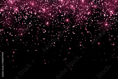 Hot pink glitter holiday confetti with glow lights on black background. Vector