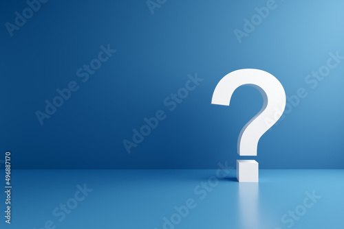 White question mark symbol on blue background. Problem, solution, confusion counseling