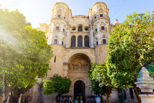 Cathedral of the Incarnation Catedral de la Encarnación in Malaga, Spain in the garden in sunshine