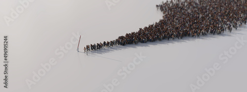 A stream of refugees at an open barrier. 3D illustration.