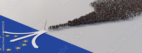 A stream of refugees being distributed at the EU border. 3D illustration 