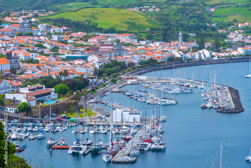 Aerial view of port in Portuguese town Horta