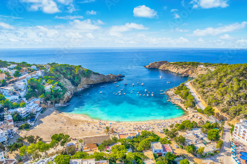 Aerial view of Cala Vadella, Ibiza islands, Spain