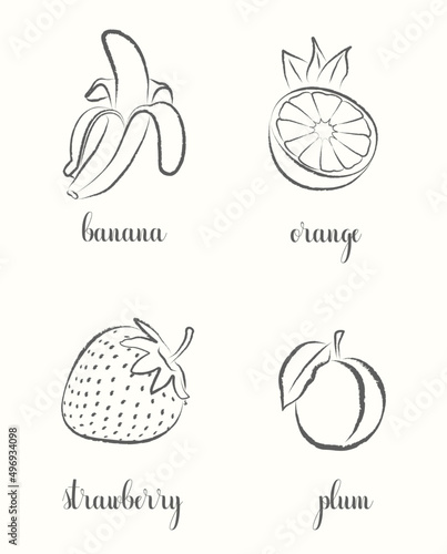 Hand draw frutis, set. Banana, Orange, Strawberry, Plum