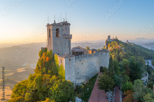 Aerial view of San Marino dominated by Torre Montale and Torre Cesta