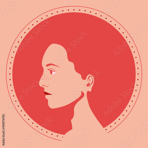 Kobieca twarz z profilu. Portret młodej dziewczyny z rudymi włosami i piegami. Avatar do social media. Ilustracja wektorowa.