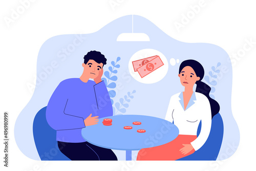 Sad couple sitting at table and counting money coins. Stress of man and woman with financial problems flat vector illustration. Budget, poverty concept for banner, website design or landing web page