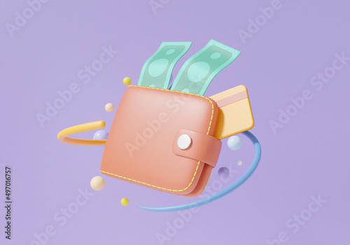 Cashback in money wallet concept. floating with banknote ,credit card finance shopping online payments exchange on isolated purple background, transfer, 3d render illustration