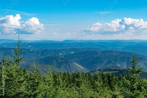 A view towards the High Tatras in Slovakia as seen from Lysa Hora, the highest peak of the Beskid Mountains in Czechia