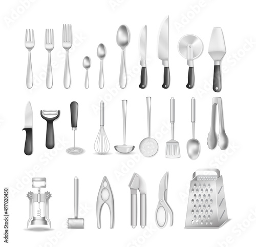 Realistic stainless metal kitchen appliances cutlery vector illustration