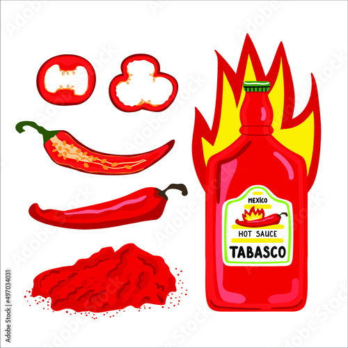 Set of red hot chilli pepper and Mexican Tabasco Sauce. A red hot tabasco bottle with fire, slice of chilli pepper, pepper seasoning powder. Cartoon vector illustration isolated on a white background.