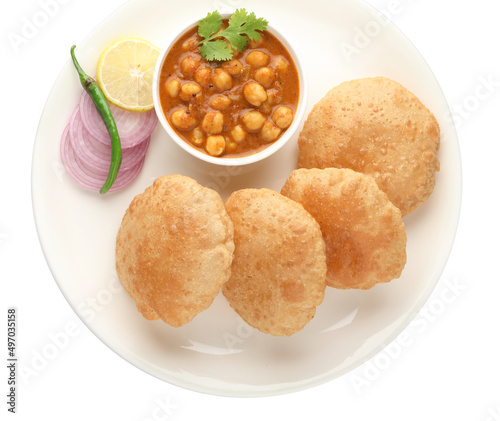 Indian food - Puri Bhaji. North India. Puri is a deep fried bread made from whole wheat flour & Served with Potato curry , bhaji or alu ki sabji.or Potato curry or dum alu curry