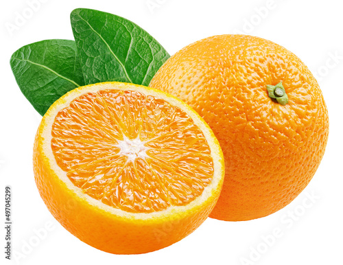 Orange citrus fruit with half and leaves isolated on white background. Oranges with clipping path. Full depth of field.