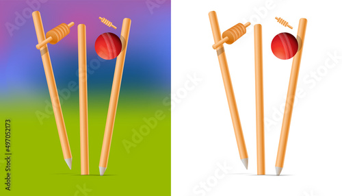 cricket ball hitting wickets out, cricket concept
