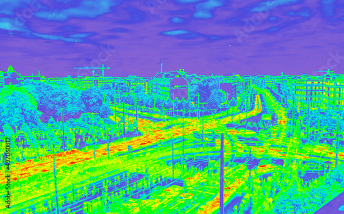 Infrared view of heavy fast moving traffic - motion infrared map.