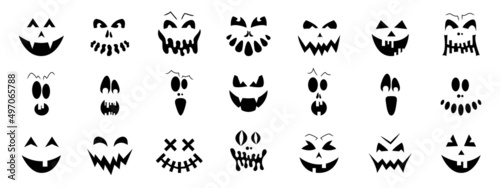 Set of creepy, scary emotions, emojis for Halloween. Face design for festive pumpkins. Icons of frightening facial expressions. Symbols of the holiday. An evil smile. Vector illustration