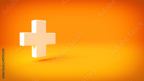 Plus symbol on orange background, 3d rendering