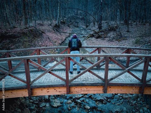 Mężczyzna stojący na mostku w lesie