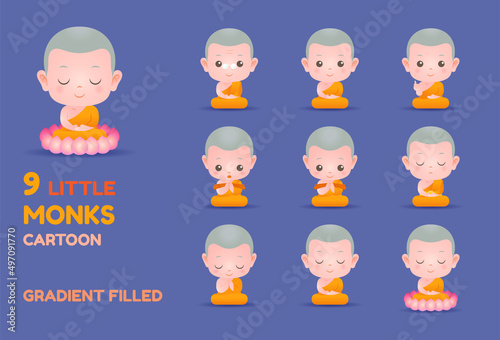 little monk cartoon vector illustration set
