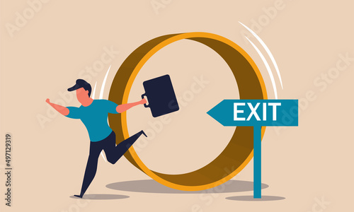 Daily job prison and rat race running. Work break and exit loop workaholic for relax vector illustration concept. Escape routine day and motivation independence. Freedom office and rush wake urgency