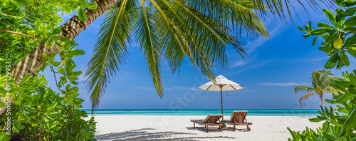 Beautiful tropical beach banner. White sand coco palms travel tourism wide panorama. Summer sea horizon, idyllic island nature scene. Amazing beach landscape. Luxury island resort vacation or holiday