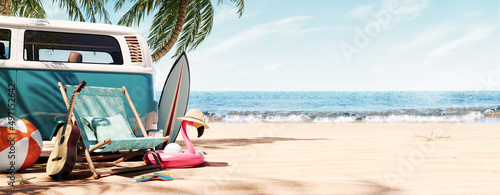 Ready for summer travel. Blue van with deck chair and beach accessory 3D Rendering, 3D Illustration