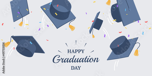 Graduation caps flying up. Happy graduation day banner design. Background with academic hats and falling colorful confetti. Concept for banner, poster, party and event invitation. Vector illustration.